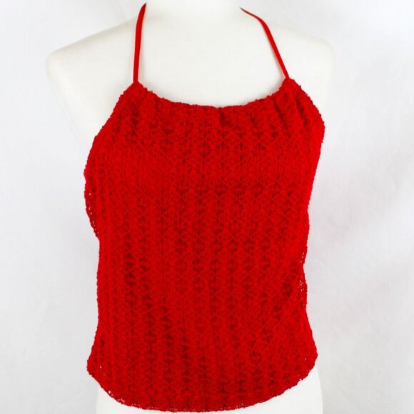 Vintage TWO ROADS Halter Tank Top Woman Size Large Red Lace Cropped Drawstring - Picture 1 of 9